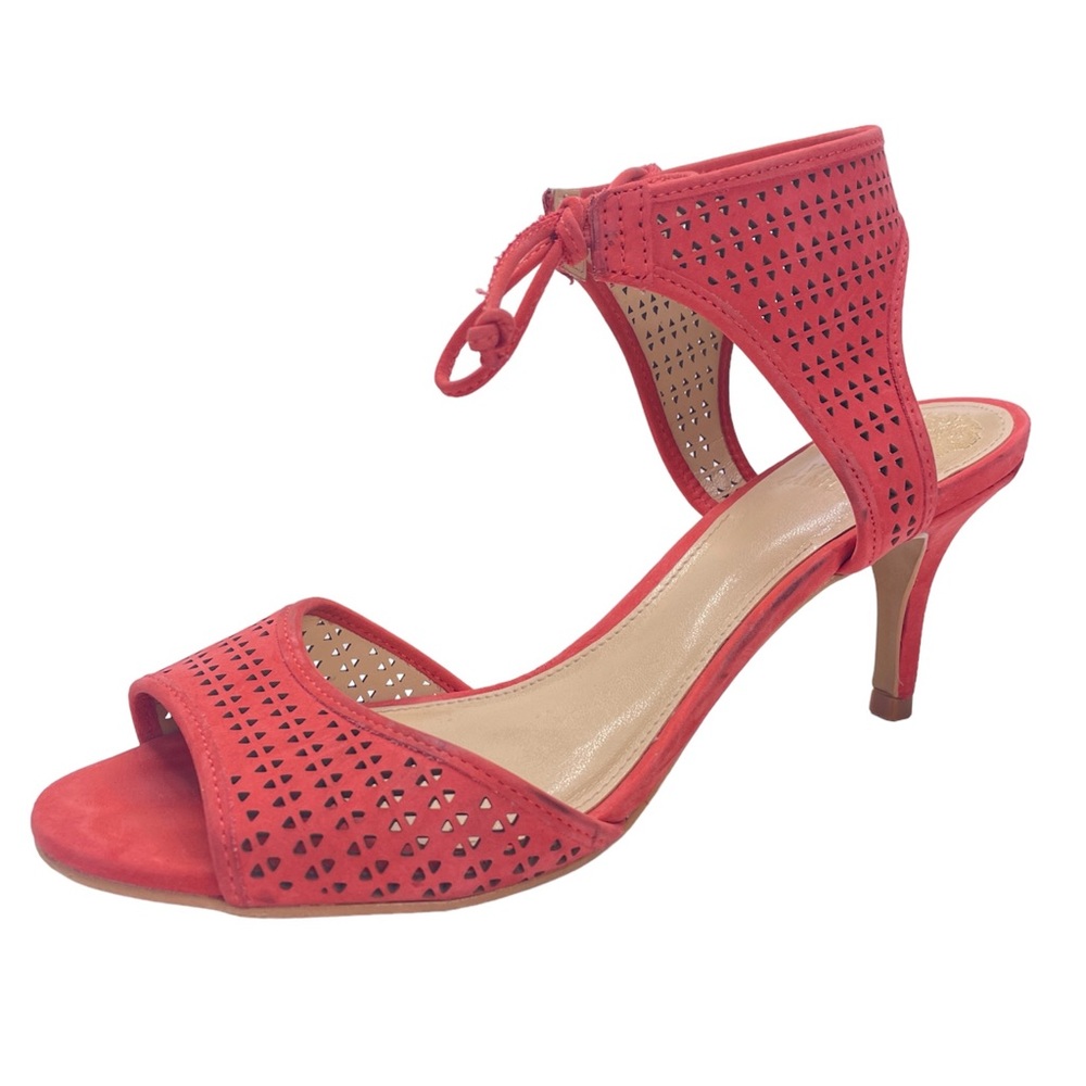 Vince Camuto Kanara Dress Sandals Heels Perforated Lasercut Leather Coral SZ 8.5